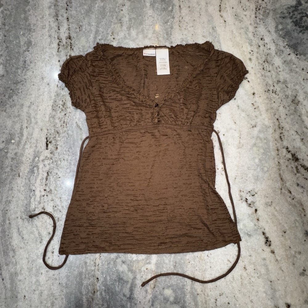 Y2K NoBo Brown Shirt Sz Small Juniors 3 Ruffle Henley Babydoll Top Fairy Goth